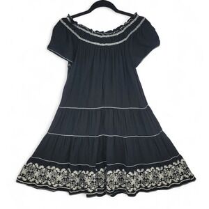 Max Studio Black Embroidered‎ Boho Dress M Off Shoulder Cottagecore Peasant